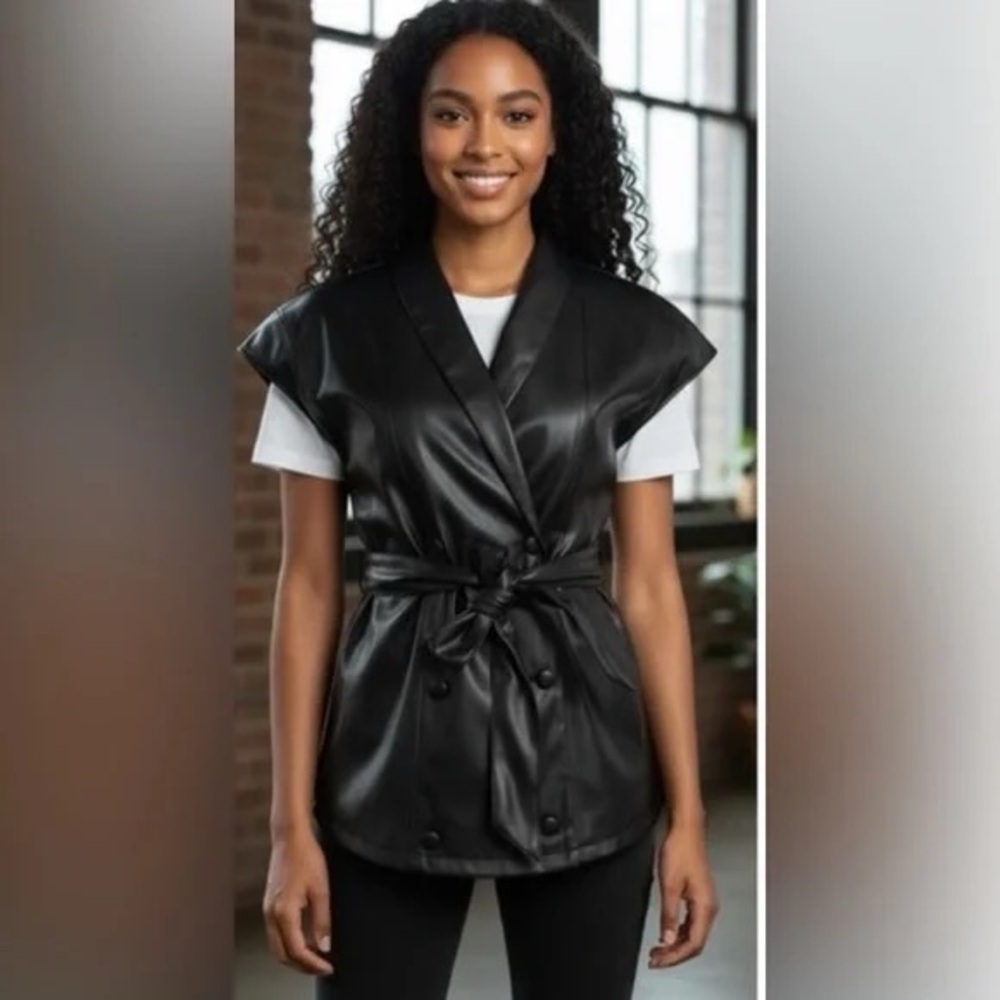 Jason Wu Black Faux Leather Double Breasted Cap Sleeves Soft Vest, Size S